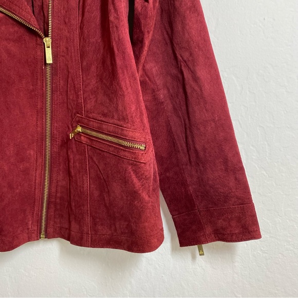 Dennis Basso Women’s S Red Vintage Gold Zip Motto Suede Leather Jacket - Picture 8 of 8